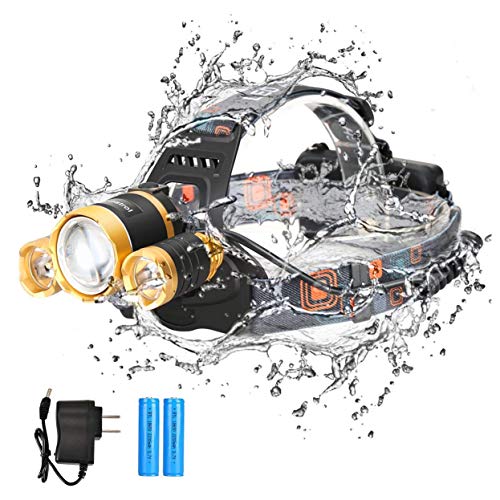 Product Cover LED Headlamp Flashlight Rechargeable, Bright Cree Rotatable Waterproof LED Flashlight With 4 Modes Light Zoomable Head Lights for Hardhat, Camping, Running, Hiking, Indoor or Outdoor -Gold