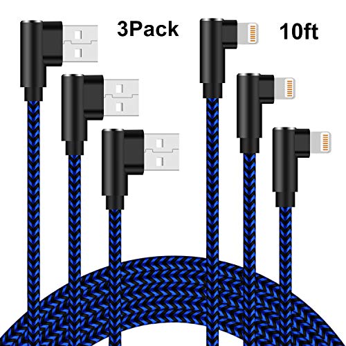 Product Cover 90 Degree iPhone Charger 10ft MFI Certified Lightning Cable 10ft Right Angle iPhone Charger Cable Fast Charging iPhone Cable 10ft 3 Pack Nylon Braided Charger Cord Compatible iPhone (Dark Blue,10ft)