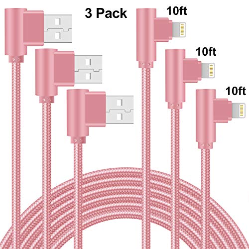 Product Cover 90 Degree Lightning Cable 10ft Right Angle 3 Pack Nylon Braided iPhone Charger Cable Fast Charging iPhone Cable USB Charge Cord Compatible with iPhone Xs XR X/8 Plus/7 Plus/6 Plus (Rose Gold,10ft)