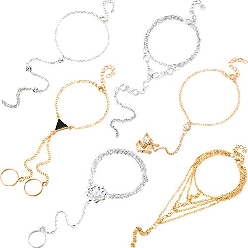 Product Cover Syhood 6 Pieces Hand Harness Bracelet Linked Finger Bracelet Finger Ring Bracelet Adjustable Slave Chain Bracelet for Women and Girls Gifts