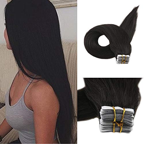 Product Cover Full Shine 12 Inch Real Hair Extensions Tape Ins Color #1B Off Black Human Tape In Extension Thick From Top To Ends Hidden Tape Xtensions Human Hair 20 Pieces 30 Gram Double Sided Glue On Hair