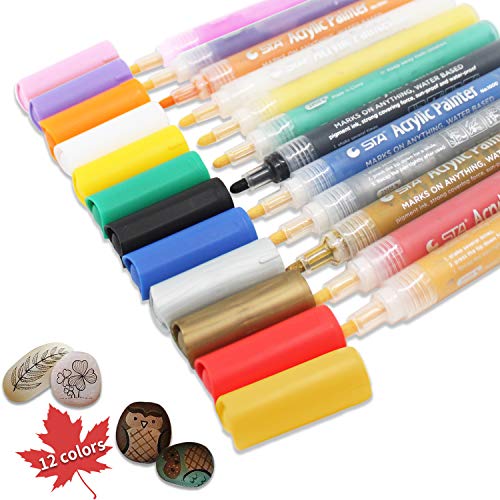 Product Cover Acrylic Paint Marker Pens, Set of 12 Colors Markers Water Based Paint Pen for Rock Painting, Canvas, Photo Album, DIY Craft, School Project, Glass, Ceramic, Wood, Metal (Medium)