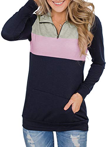 Product Cover BLENCOT Womens Autumn Pullover Sweatshirts 1/4 Zip High Neck Color Block Full Sleeve Tops Soft Cotton Long Tunic Blouses Shirts Pink M