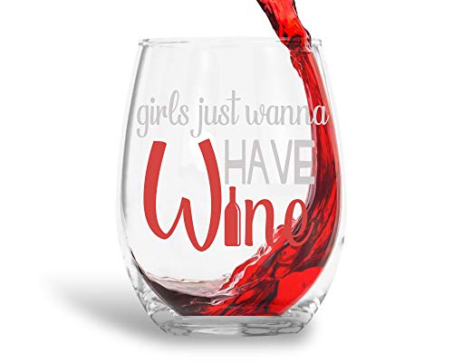 Product Cover Girls Just Wanna Have Wine Funny 15oz Crystal Stemless Wine Glass - Fun Wine Glasses with Sayings Gifts For Women, Her, Mom on Mother's Day Or Christmas