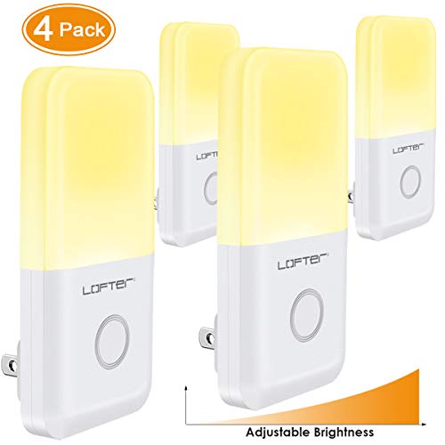Product Cover Dimmable Plug in Night Light, Slim Adjustable Brightness LED Night Lamp with Auto Dusk to Dawn Sensor, Warm White Baby Night Lights for Kids Room, Bedroom, Bathroom, Hallway, Kitchen, Stairs (4 Pack)