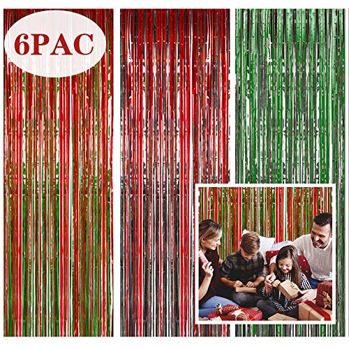 Product Cover RUBFAC 6 Pack Christmas Decoration Backdrop Christmas Foil Curtains(3 ft x 8 ft) Christmas Party Decorations Metallic Tinsel Fringe Curtains Door Window Decoration
