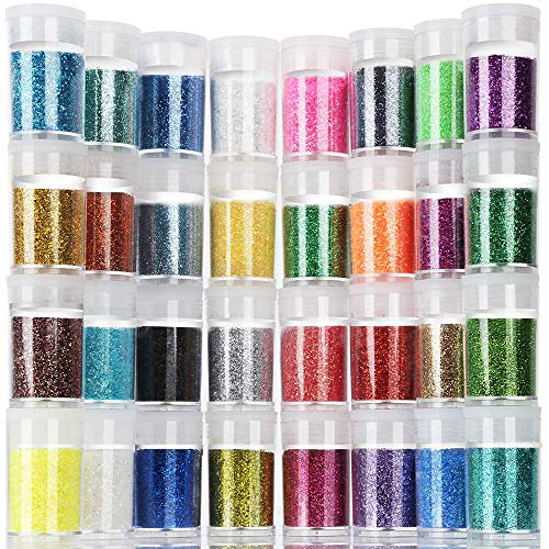 Product Cover Teenitor Fine Glitter, 32 Jars 8g Each Glitter Set, 32 Assorted Color Arts and Craft glitter, Eyeshadow Makeup Nail Art Pigment Glitter, Glitter for slime