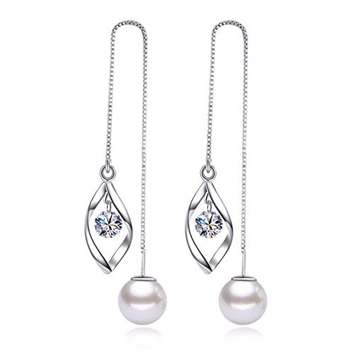 Product Cover MSECVOI Elegant 925 Sterling Silver Threader Tassel Earrings Pearl Ball Drop Long Chain Earrings Wedding for Women and Girls