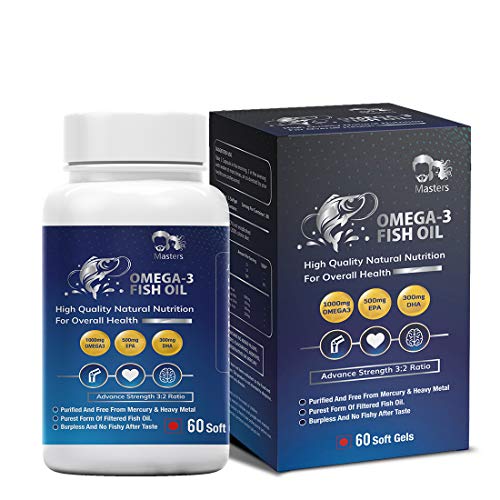 Product Cover Masters Omega 3 Fish oil Triple strength 1000mg(500 EPA,300 DHA & 200mg other Omega 3 Fatty Acids)- 60 softgels overall Health for Men and Women