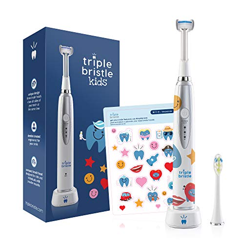 Product Cover Triple Bristle Best Kids Sonic Toothbrush - Whiter Teeth & Brighter Smile - Rechargeable 31,000 VPM Tooth Brush - Patented 3 Brush Head Design - Perfect Angle Bristles Clean Each Tooth (One Pack)