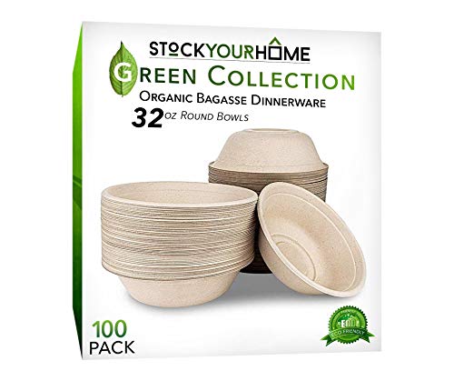 Product Cover Compostable Bagasse Bowls - Eco Friendly Dinnerware - Biodegradable and Recyclable, 100 Pack, 32 Oz