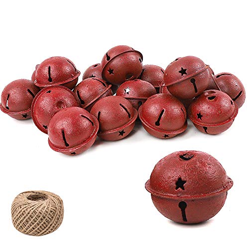 Product Cover 24Pcs Red Jingle Bells for Craft, 1.6 Inch Metal Star Cutout Rusty Bells with 98.5ft Jute Twine for Christmas DIY, Holiday Decoration