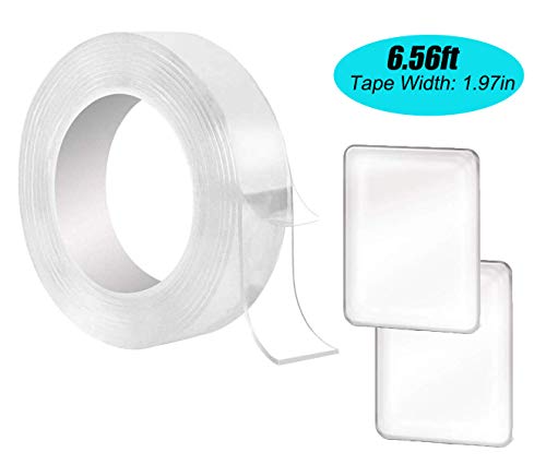 Product Cover LORITARIA Double Sided Gel Removable Adhesive Tape (2m/6.56ft Long, 2mm Thick), Traceless Clear Washable Tape Roll, Anti-Slip Reusable Car Mat for Carpet Rug Key Phone Coin, with 2pcs Silicone Pad
