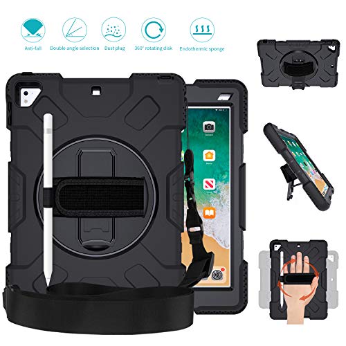 Product Cover GROLEOA iPad 5th 6th Generation Case Anti-Drop Rugged Protective iPad 2018/2017 9.7 Case 360 Rotation Stand+Hand Strap+Shoulder Strap+Pencil Holder Case for iPad 5th 6th Air 2 Pro 9.7 (All Black)