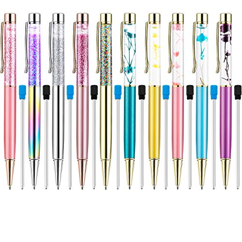 Product Cover 10 Pieces Ballpoint Pens Dynamic Liquid Flower Pen Liquid Powder Pens with 10 Pieces Black and Blue Roller Ink Refills for Christmas Gifts Office School Supplies