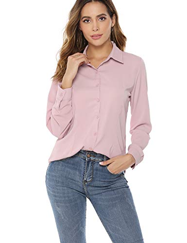 Product Cover UUANG Womens Long Sleeve Chiffon Blouse Basic Simple Button Down Shirt Work Office Blouse Pink,S