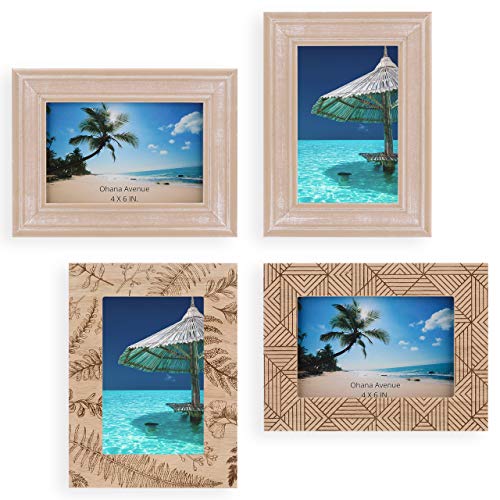 Product Cover Ohana Avenue 4x6 Picture Frame Set of 4 - Table Top & Wall Mount Wood Photo Frame Sets for Kitchen, Gallery, Home and Office - Beach Home Decor Photo Frames Pack - Nautical, Seaside & Ocean Décor