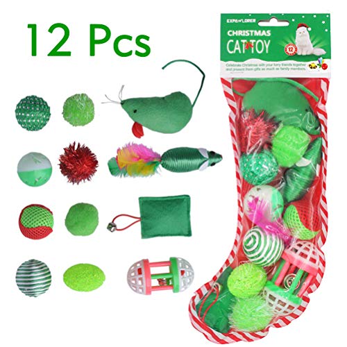 Product Cover EXPAWLORER 12 PCS Christmas Cat Toys Green Package, Including Ball, Mouse, Bell
