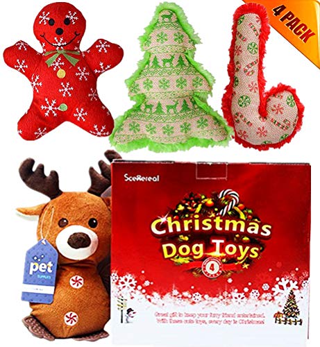 Product Cover SCENEREAL Christmas Dog Squeaky Plush Toys 4 Pack - Xmas Best Small Cute Pet Puppy Soft Toy Set for Small Dogs Cats