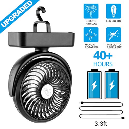 Product Cover Amacool Portable Battery Camping Fan with LED Lantern - Rechargeable 4400mAh Battery Operated USB Desk Fan Kit with Hanging Hook for Tent Car RV Hurricane Emergency Outages