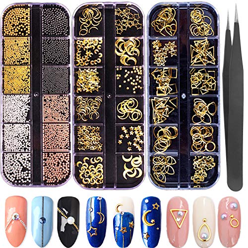 Product Cover Nail Micro Caviar Beads 3D Nails Supply Studs Gold Nail Art Decorations Charms Metal Jewels 36 Grids Star Moon Heart Triangle Square Rivet Gems for Fingernails & Toenails Decor Manicure Tips
