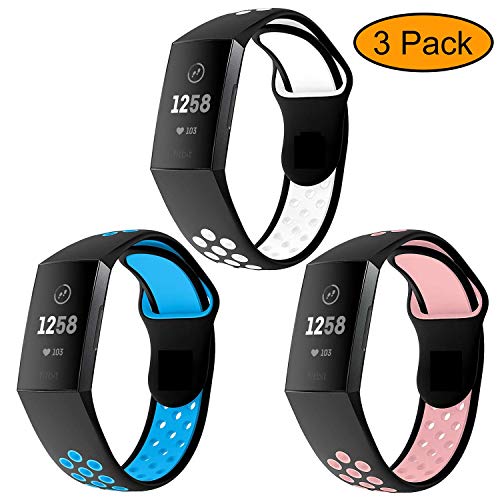 Product Cover Neitooh 3 Packs Bands Compatible with Fitbit Charge 3/Charge 3 SE for Women and Men,Soft Silicon Waterproof Replacement Sports Strap with Breathable Holes