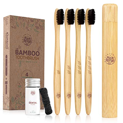 Product Cover Greenzla Bamboo Toothbrush (4 Pack) With Travel Toothbrush Case & Charcoal Dental Floss | Natural Eco Friendly Toothbrushes for Adults | BPA Free, Soft Bristles & Biodegradable Wooden Toothbrush