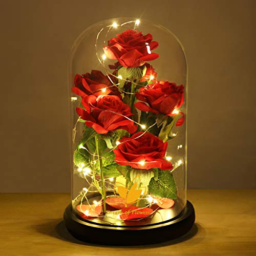 Product Cover Beauty and the Beast Rose, Romantic Rose for Women, The Newly Designed Gift Box Rose in a Glass Dome with LED Light Wooden Base for Wedding, Valentine's Day, Christmas, Halloween Decorations