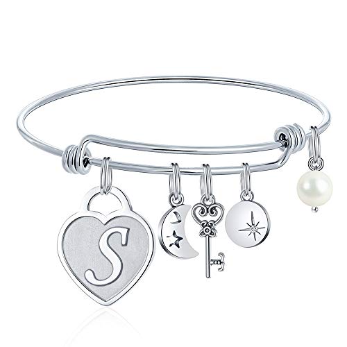 Product Cover M MOOHAM Letter Bracelets Valentines Gifts - Engraved S Womens Initial Expandable Wire Bangle Bracelet with Heart Charm Christmas Valentines Birthday Jewelry Present for Women Teen Girls