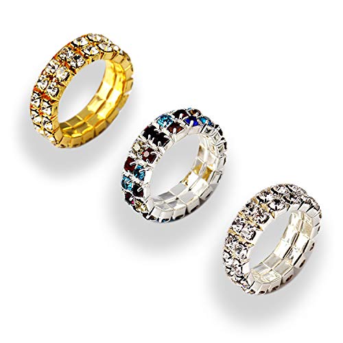 Product Cover PPX 6 Pcs Rhinestone 1 Rows Crystals Inlaid Paved Jewelry Stretch Elastic Finger Ring for Women Girls-Gold,Silver, Colorful