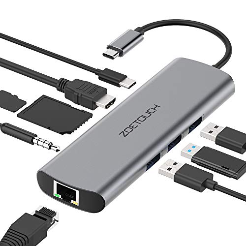 Product Cover USB C Hub, 9-in-1 USB C Adapter,USB-C Power Delivery,4K USB C to HDMI,1000M Ethernet,SD/TF Card Reader,AUX 3.5 Port, 3 USB 3.0 for MacBook Pro 2016/2017/2018, ChromeBook, XPS
