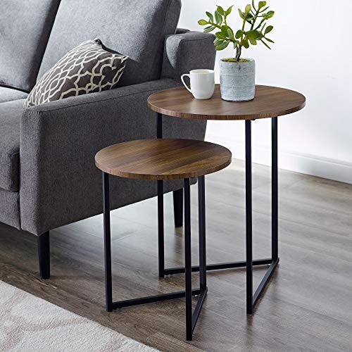 Product Cover Walker Edison Furniture Company Modern Round Metal Base Nesting Set Side Accent Living Room Storage Small End Table, Set of 2, Walnut Brown