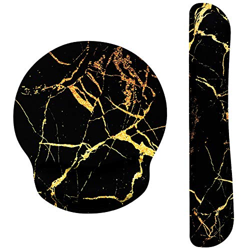 Product Cover Gold Streak Black Marble Ergonomic Design Mouse Pad with Wrist Rest Hand Support and Keyboard Support. Round Large Mousing Area. Mouse Pad and Keyboard Pad for Laptop, PC Computer & Mac.