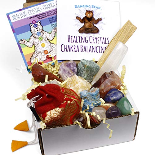 Product Cover Dancing Bear Healing Crystals Chakra Balance Kit (16 Pc Starter Set), 7 Tumbled Stones, 7 Rough Stones, Selenite Wand & Palo Santo Smudge Stick for Good Energy, Chart and Guide with Metaphysical Info