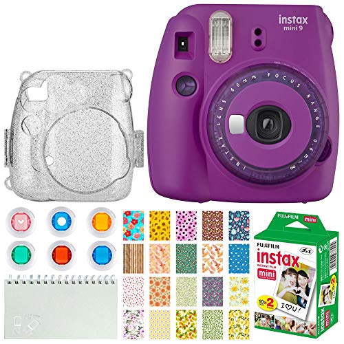 Product Cover FUJIFILM INSTAX Mini 9 Instant Film Camera (Purple with Clear Accents) + Instax Film (20 Shots) + Glitter Clear Case + Scrapbooking Album + 6 Colored Lens Filters + 20 Sticker Frames Nature Package