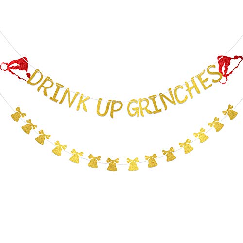 Product Cover RUBFAC Grinches Christmas Decorations Christmas Party Decorations Drink Up Grinches Banner Gold Jingle Bells Gold Glittery Christmas Banner Christmas Hat Banner for Christmas Party Supplies