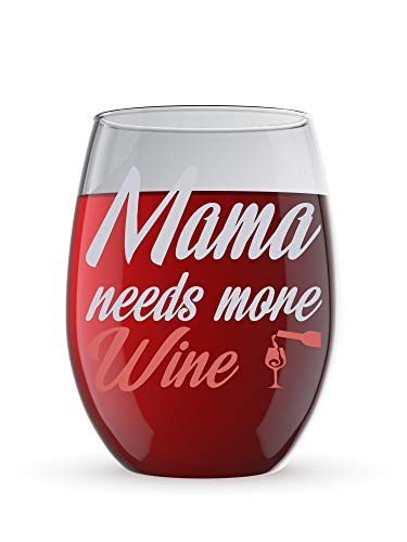 Product Cover Mama Needs More Wine Funny 15oz Crystal Stemless Wine Glass - Fun Wine Glasses with Sayings Gifts For Women, Her, Mom on Mother's Day Or Christmas