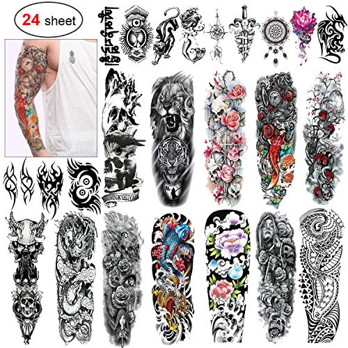 Product Cover Konsait 24 Sheets Large Temporary Tattoos Full Arm and Half Arm Tattoo Sleeves Temporary Sleeve Tattoos Large Fake Body Art Arm Chest Shoulder Tattoo Black tattoo Body Stickers for Man Women