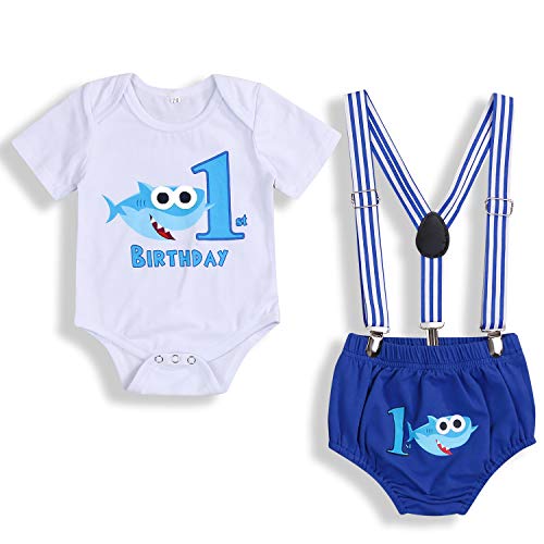 Product Cover Baby Birthday Shark Clothes Baby Boy Girl Short Sleeve Bodysuit and Cake Smash Outfits (Blue - C, 9-15 Months)
