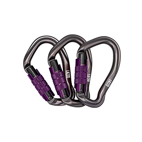 Product Cover LAZZO 3 Pack Twist Lock Climbing Carabiner Clips, Auto Locking and Heavy Duty, Perfect for Climbing and Rappelling, Carabiner Dog Leash, D Shaped 4.21 Inch, Large Size,Purple