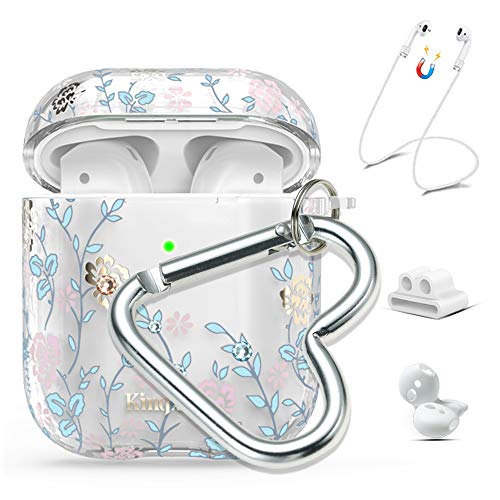 Product Cover Queenxbar Airpods Case Cover, Clear Hard PC Airpods Cover Sparkle Crystals from Swarovski with AirPods Strap/Ear Hook/Watch Band Holder/Heart-Shaped Carabiner for Airpods 1 & 2(Front LED Visible)