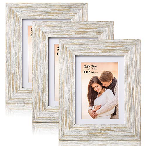 Product Cover LaVie Home 5x7 Picture Frames with mat(3 Pack,White with Gold Lines Finished) Woodgrain Photo Frame with High Definition Glass for Wall Mount & Table Top Display, Set of 3 Serendipity Collection
