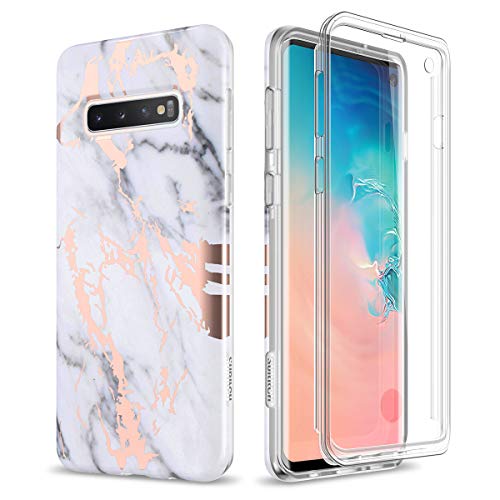 Product Cover SURITCH Case for Galaxy S10,[Built-in Screen Protector]Rose Gold Marble Full-Body Shockproof Protection Rugged Cover for Samsung Galaxy S10 6.1 Inch [Compatible with Fingerprint Sensor] (Gold Marble)