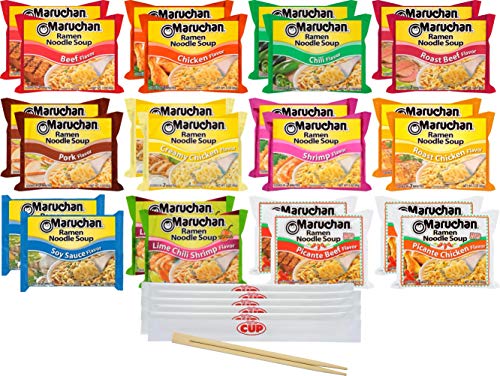 Product Cover Maruchan Ramen Noodle Soup, 24 Count 12 Flavor Variety Pack with By The Cup Chopsticks