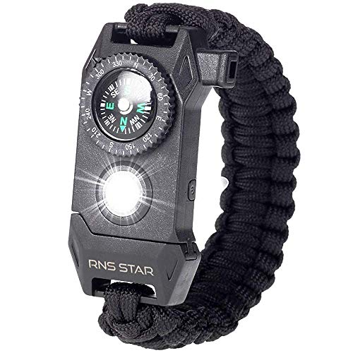 Product Cover RNS STAR Paracord Survival Bracelet 6-in-1 - Hiking Gear Traveling Camping Gear Kit - 70% Bigger Compass LED SOS Emergency Function Flashlight,Fire Scrapper,Flint Fire Starter,Survival Knife (Black)