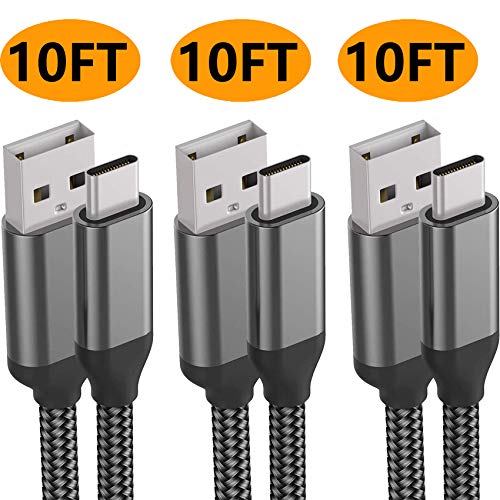 Product Cover USB C Charger Cable,10FT 3Pack,3A Fast Charging,Nylon,Charge Cord For Samsung Galaxy Note 10 9 8 S10e S10 S9 S8 Plus A10e A50 A20,LG Stylo 5 4 V50 V40 G8 G7 G6 Thinq Q7,Moto Z4 Z3 G7 One,Sony Xperia 5