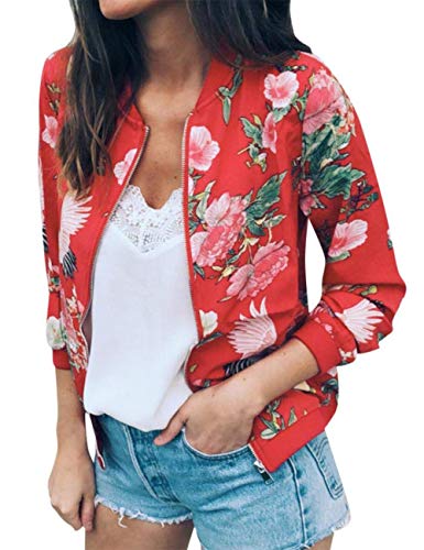 Product Cover Women Retro Floral Zipper Baseball Bomber Jacket Casual Lightweight Jacket Outwear Coats for Women Red