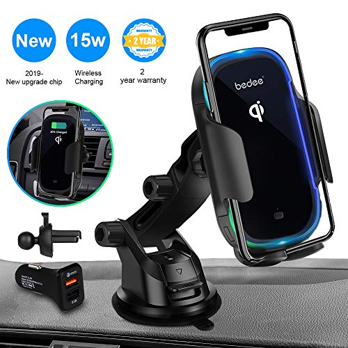 Product Cover Wireless Car Charger Mount, Automatic Clamping Qi 15W Fast Charging Car Mount, Windshield Dashboard Air Vent Phone Holder Compatible with iPhone Xs/Xs Max/XR/X/ 8/8 Plus, Samsung S10 S9 S8 Note 9