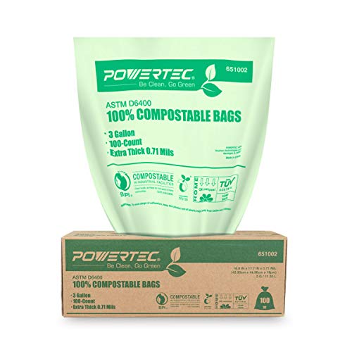Product Cover POWERTEC ASTM D6400 Certified Compostable Bags - 100 Count | 11.35 Liter - 3 Gallon Trash Bags, 0.71 Mil, US BPI and European OK Compost Home Certification - 100% Sustainable Green Products