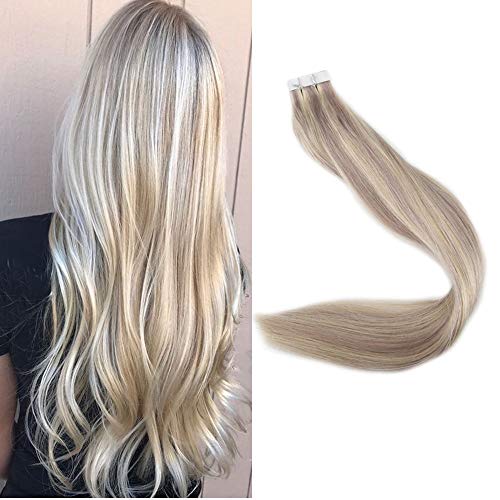 Product Cover Full Shine Tape In Hair Extensions 12 Inch Remi Tape Hair Extensions 20pcs 30g Highlight Color #18 Ash Blonde And 613 Blonde Extensions For White Women Glue On Hair For Short Hair